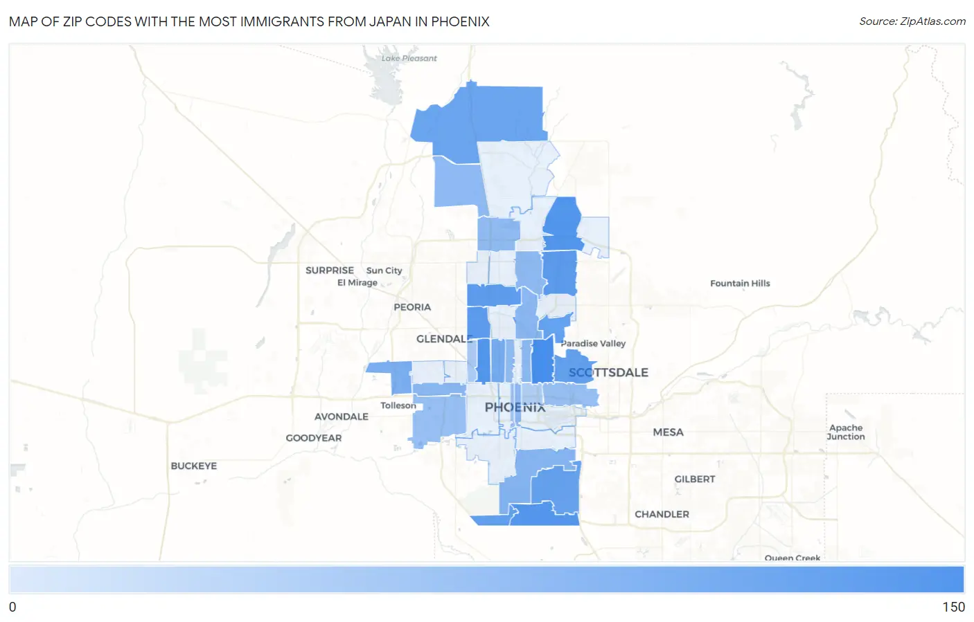 Zip Codes with the Most Immigrants from Japan in Phoenix Map