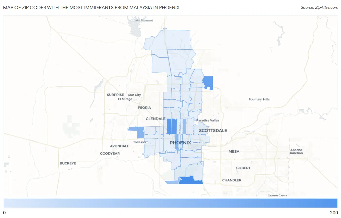 Zip Codes with the Most Immigrants from Malaysia in Phoenix Map