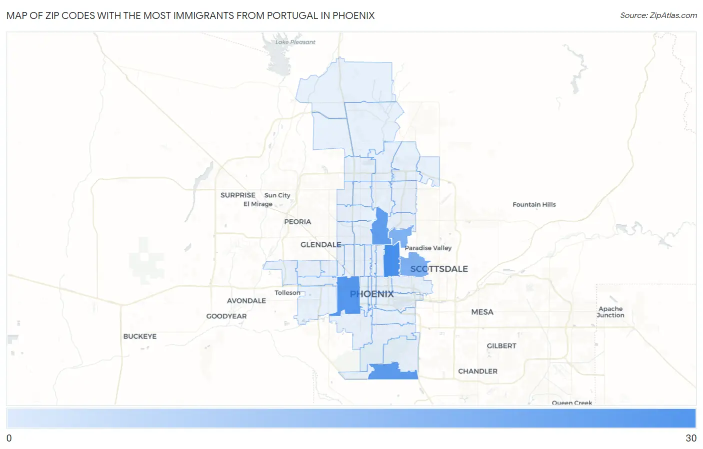 Zip Codes with the Most Immigrants from Portugal in Phoenix Map