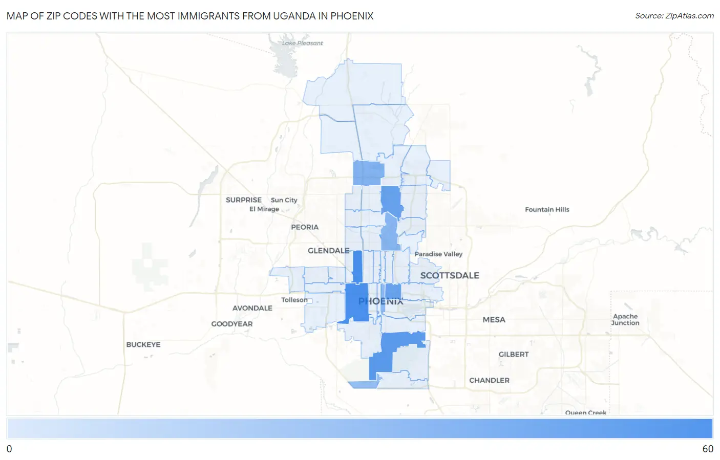 Zip Codes with the Most Immigrants from Uganda in Phoenix Map