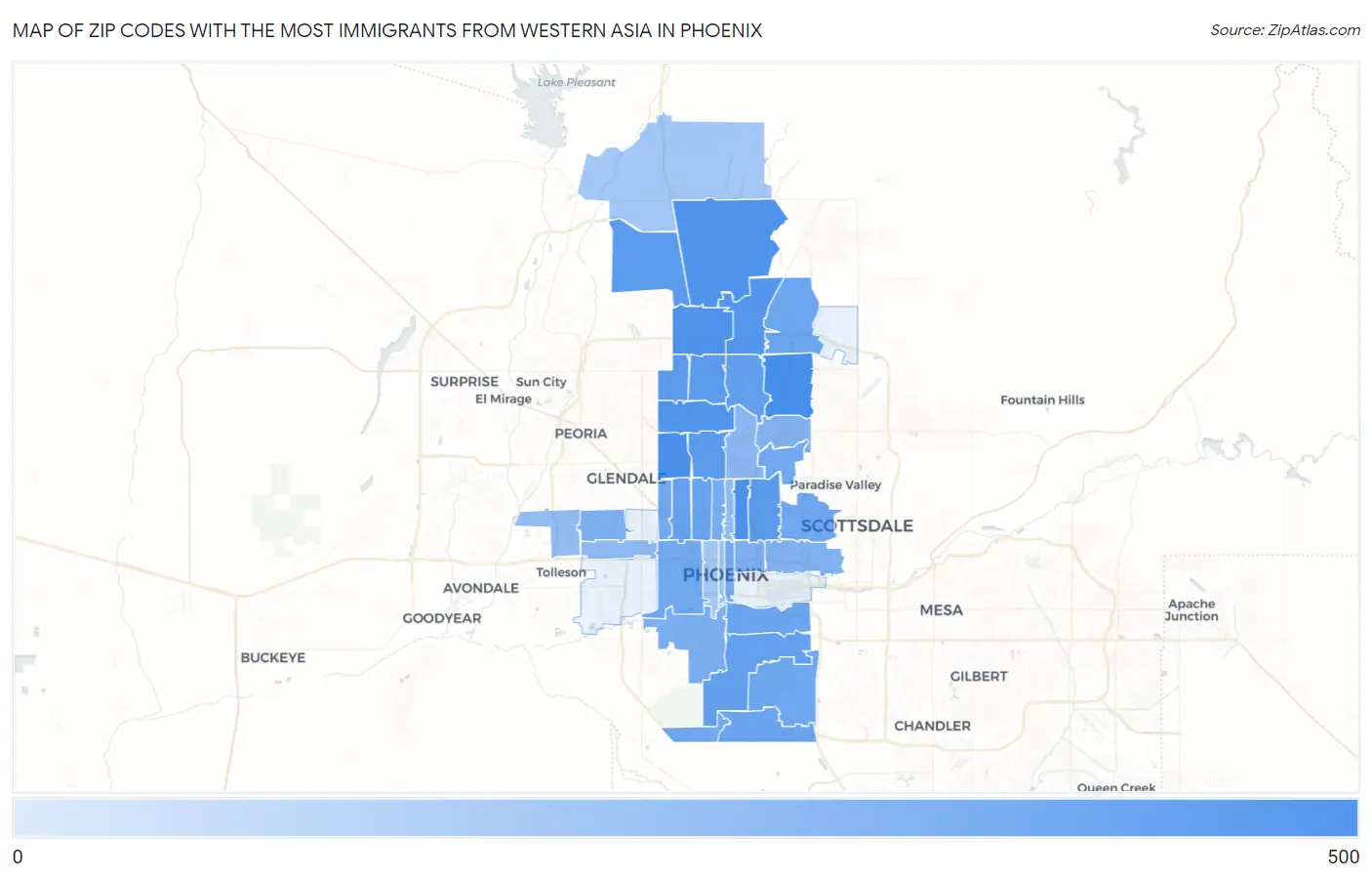 Zip Codes with the Most Immigrants from Western Asia in Phoenix Map