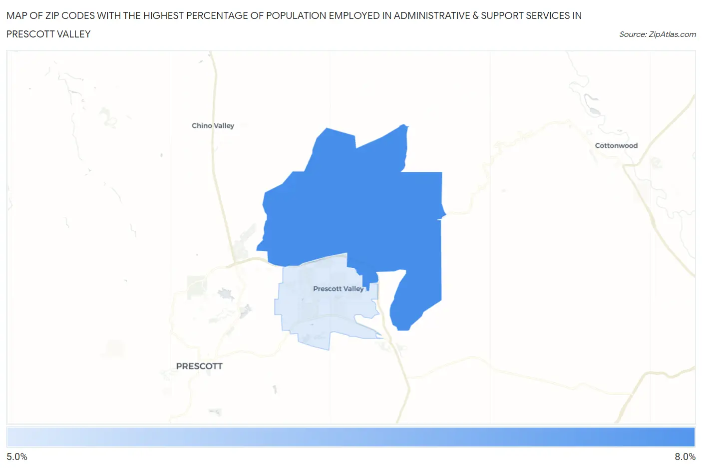Zip Codes with the Highest Percentage of Population Employed in Administrative & Support Services in Prescott Valley Map