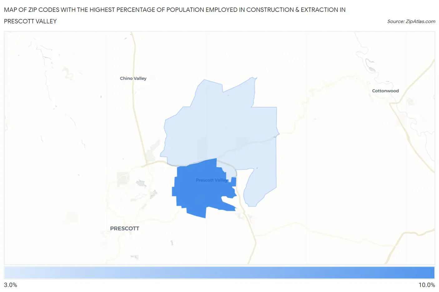 Zip Codes with the Highest Percentage of Population Employed in Construction & Extraction in Prescott Valley Map
