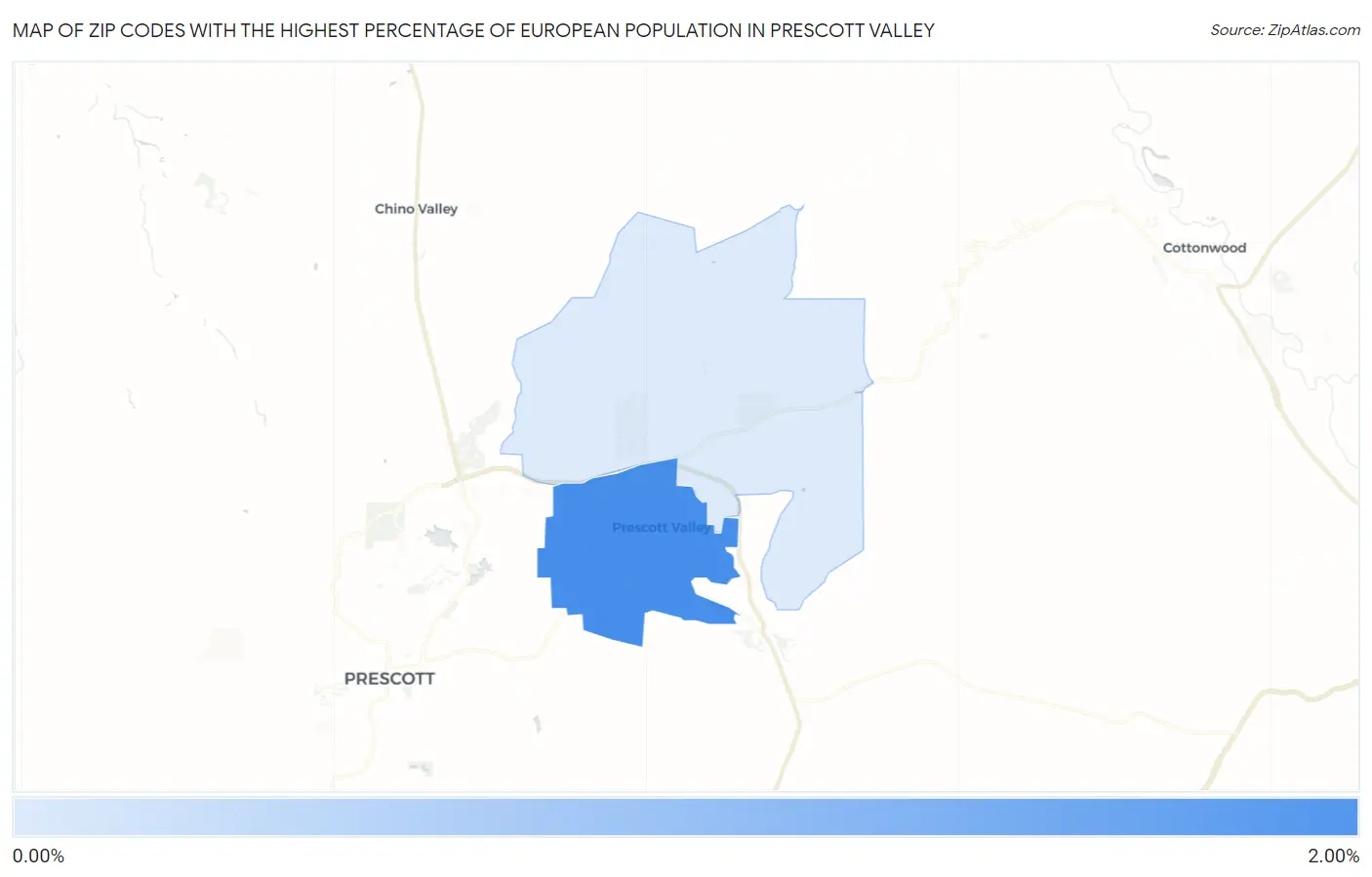 Zip Codes with the Highest Percentage of European Population in Prescott Valley Map