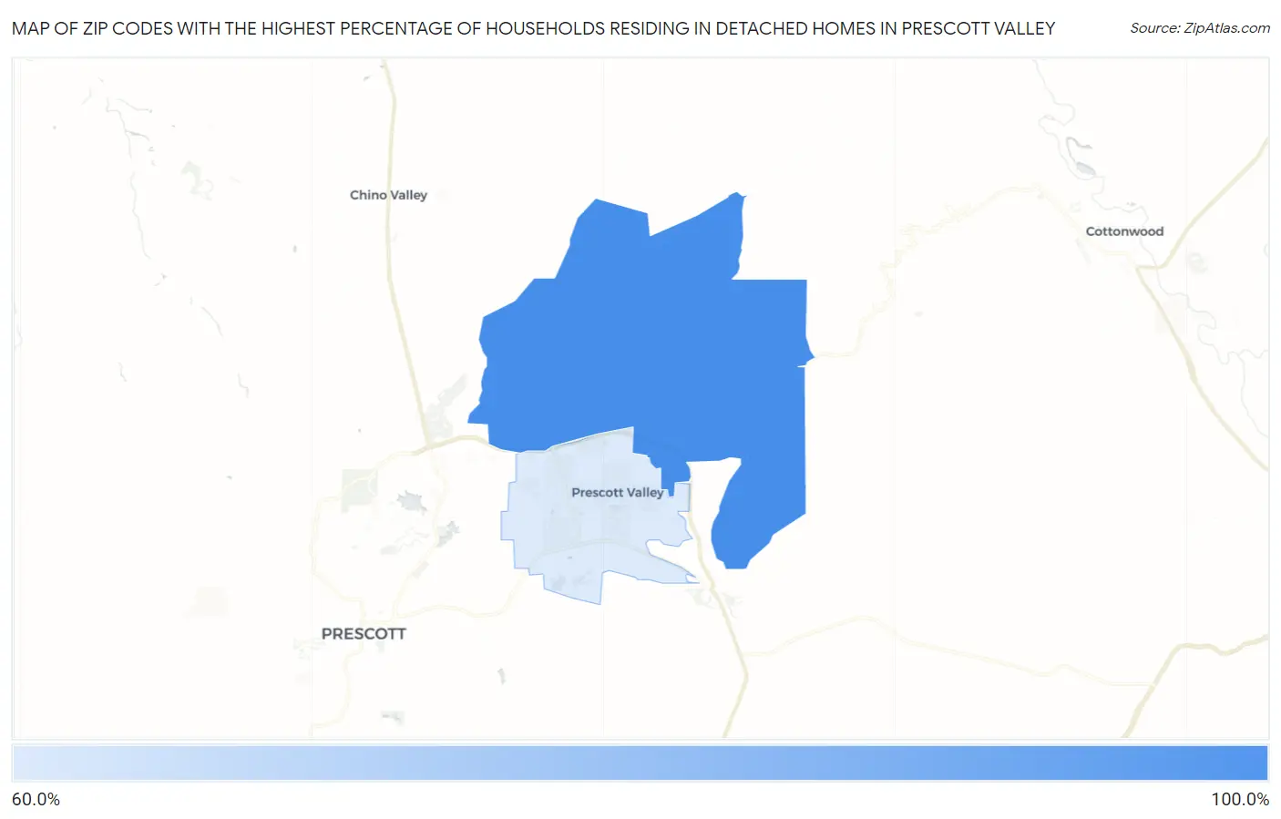 Zip Codes with the Highest Percentage of Households Residing in Detached Homes in Prescott Valley Map