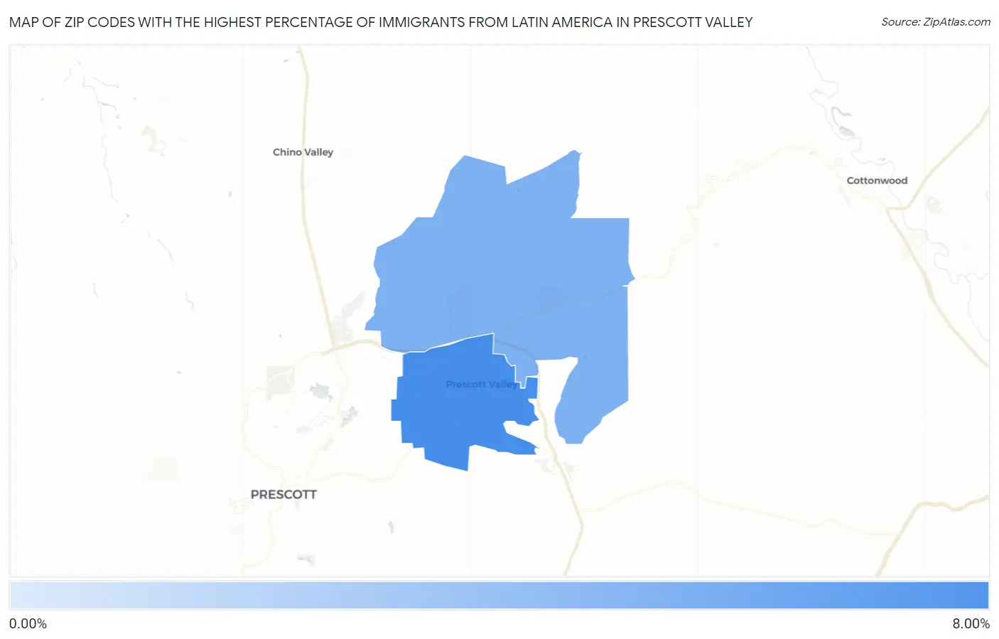 Zip Codes with the Highest Percentage of Immigrants from Latin America in Prescott Valley Map