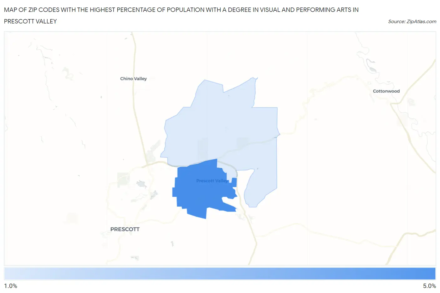 Zip Codes with the Highest Percentage of Population with a Degree in Visual and Performing Arts in Prescott Valley Map