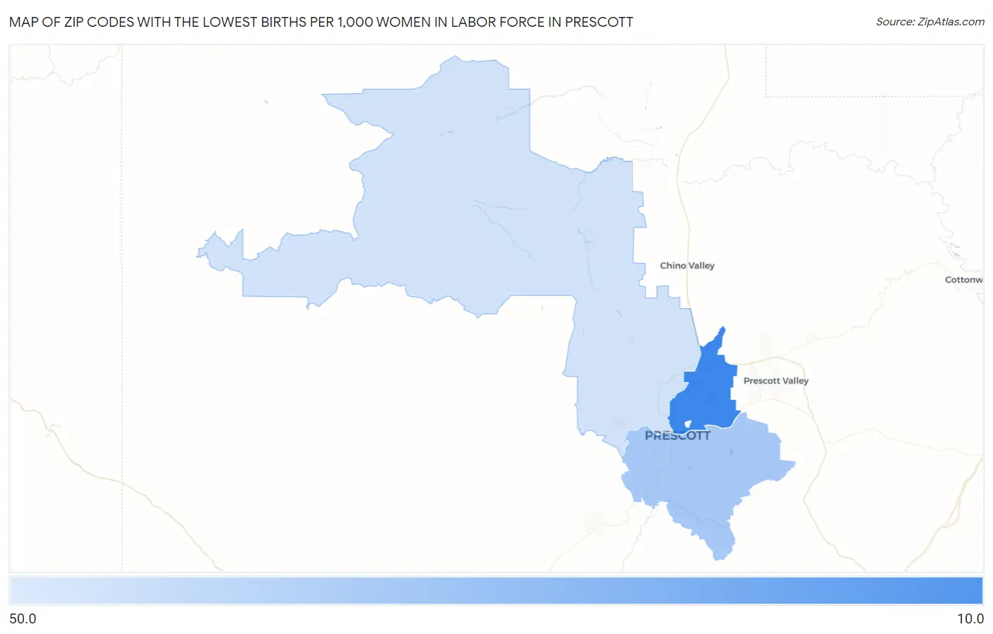 Zip Codes with the Lowest Births per 1,000 Women in Labor Force in Prescott Map