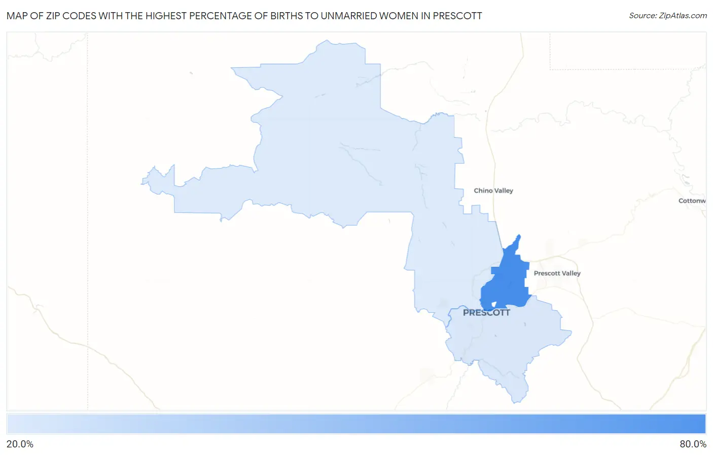 Zip Codes with the Highest Percentage of Births to Unmarried Women in Prescott Map