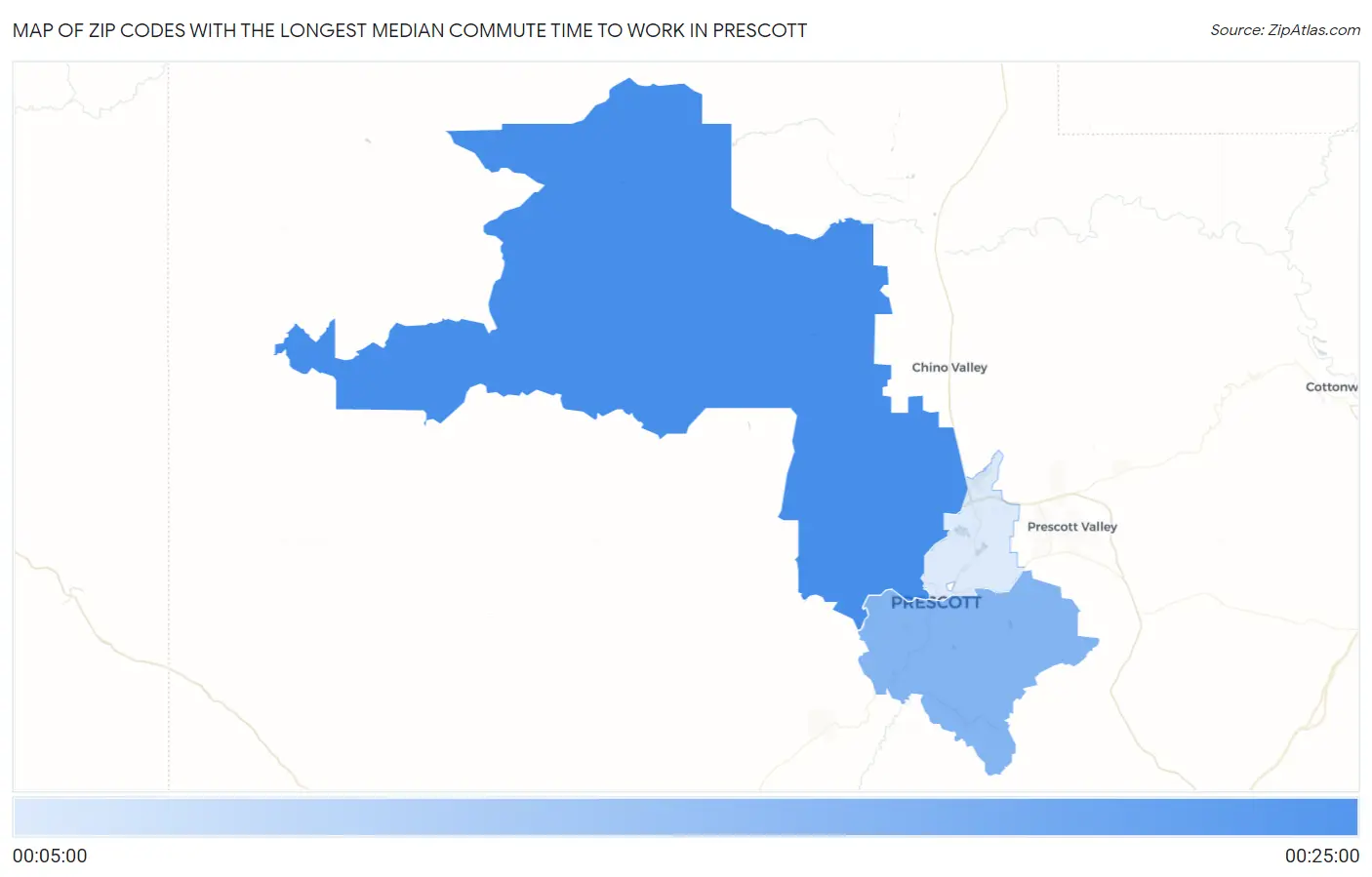 Zip Codes with the Longest Median Commute Time to Work in Prescott Map