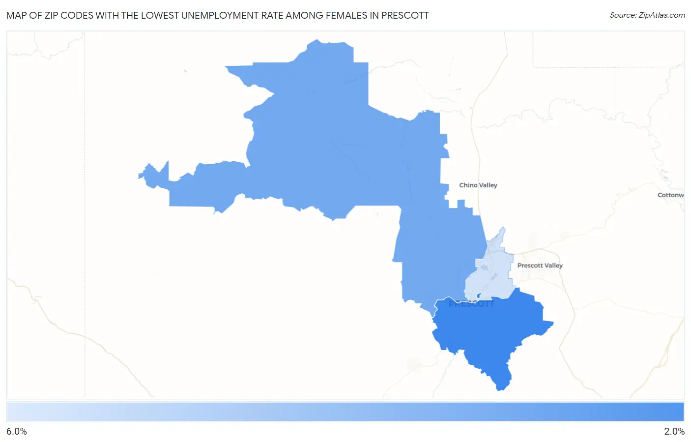 Zip Codes with the Lowest Unemployment Rate Among Females in Prescott Map