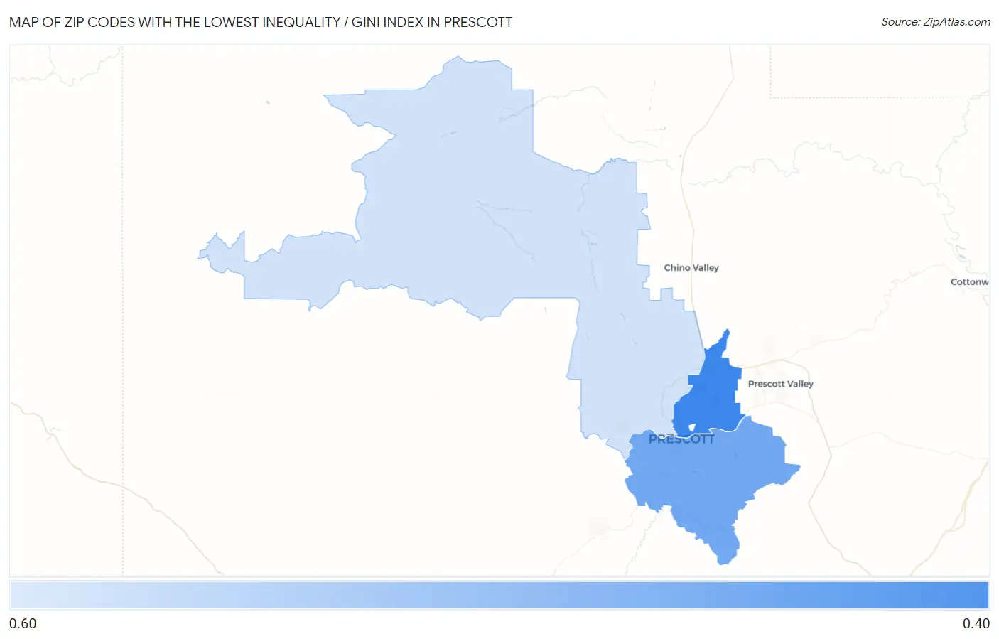 Zip Codes with the Lowest Inequality / Gini Index in Prescott Map