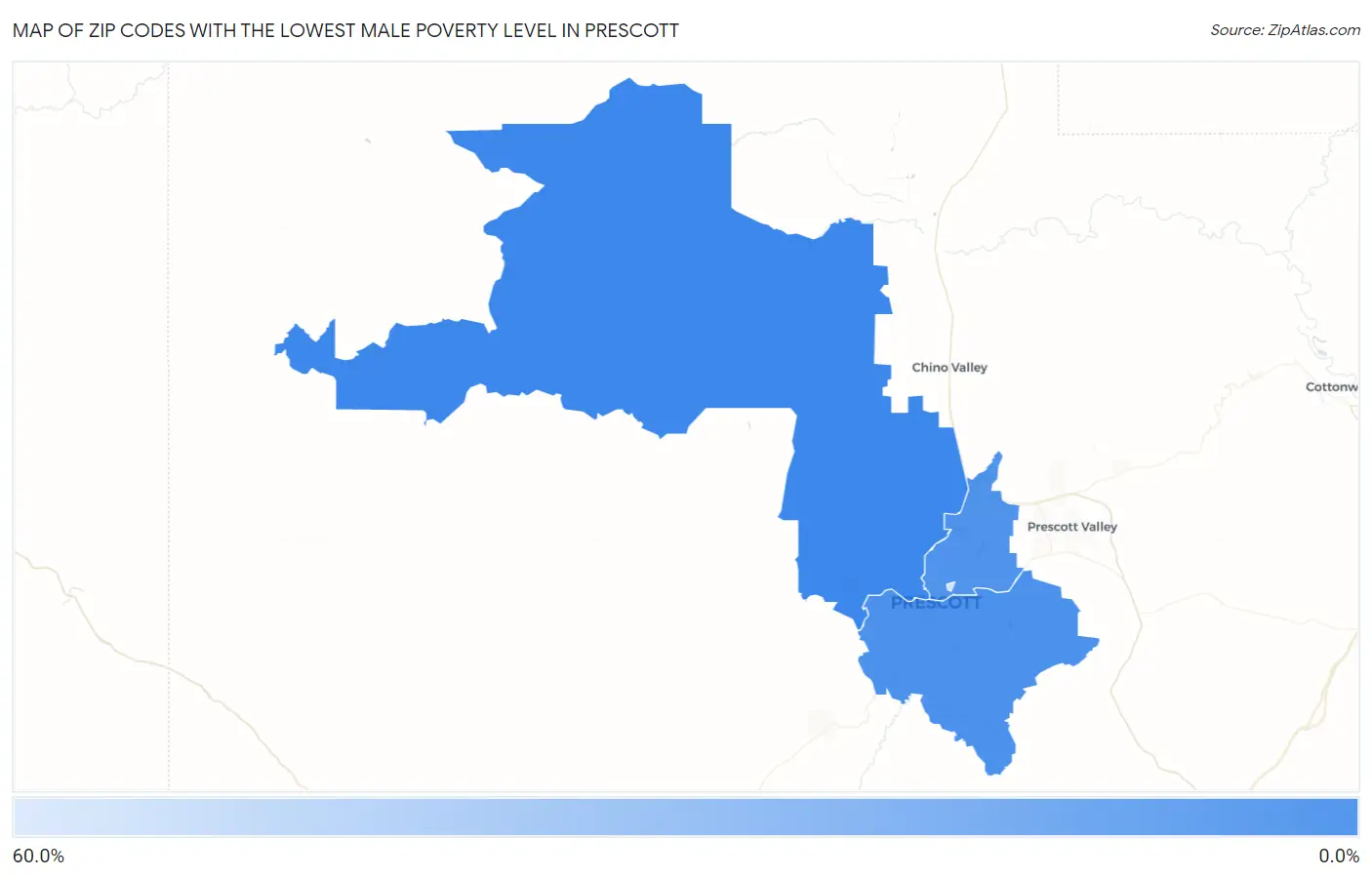 Zip Codes with the Lowest Male Poverty Level in Prescott Map