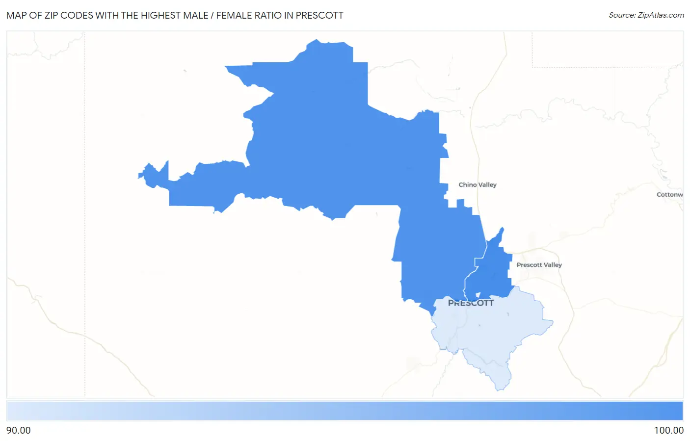 Zip Codes with the Highest Male / Female Ratio in Prescott Map