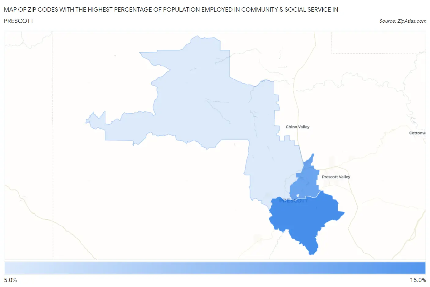 Zip Codes with the Highest Percentage of Population Employed in Community & Social Service  in Prescott Map