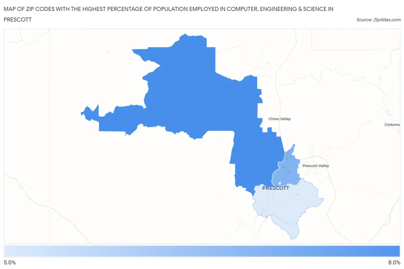 Zip Codes with the Highest Percentage of Population Employed in Computer, Engineering & Science in Prescott Map