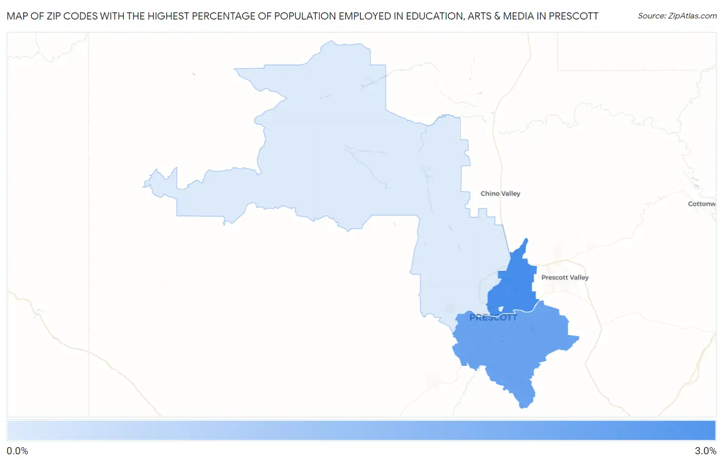 Zip Codes with the Highest Percentage of Population Employed in Education, Arts & Media in Prescott Map