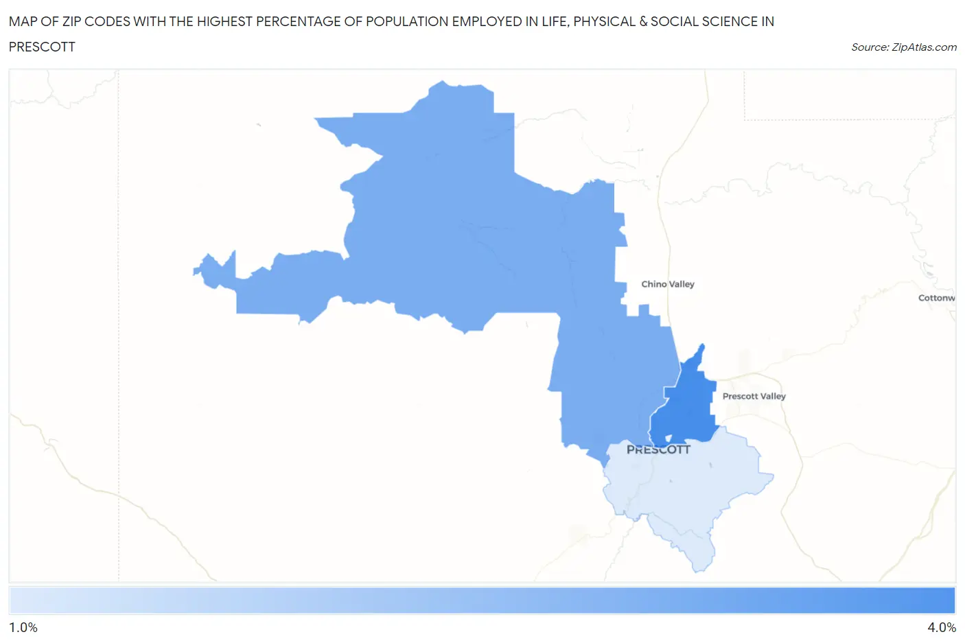 Zip Codes with the Highest Percentage of Population Employed in Life, Physical & Social Science in Prescott Map
