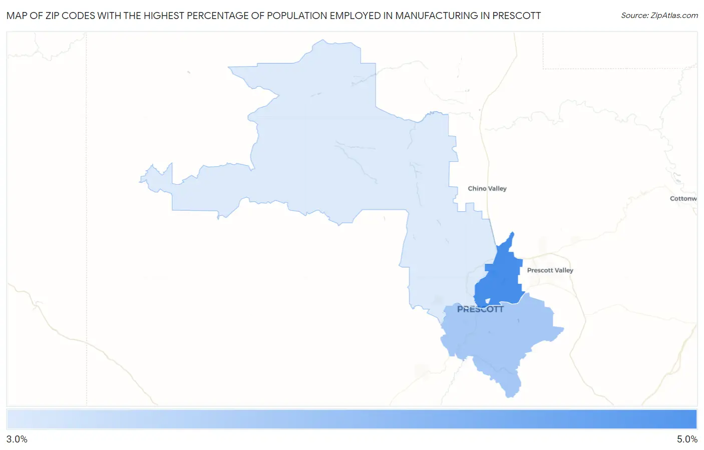 Zip Codes with the Highest Percentage of Population Employed in Manufacturing in Prescott Map
