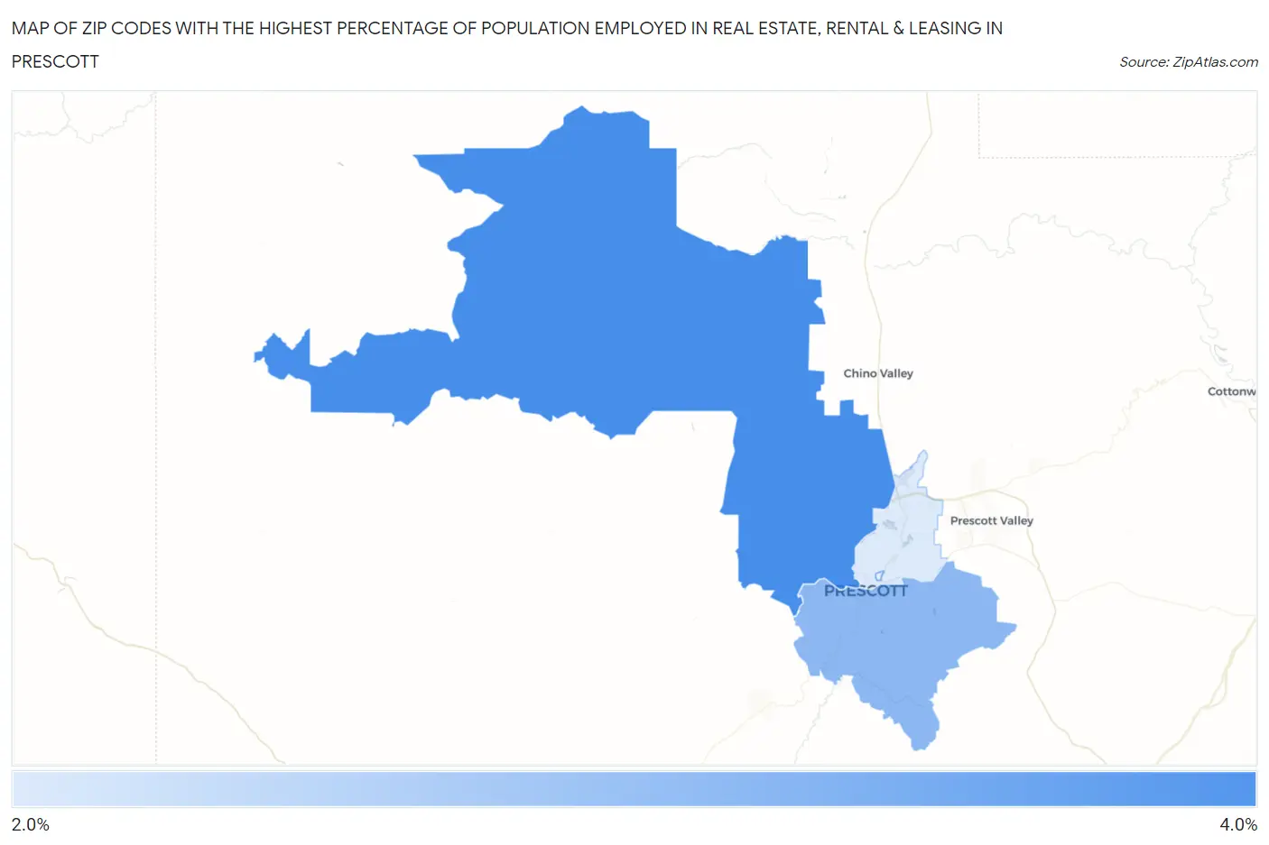 Zip Codes with the Highest Percentage of Population Employed in Real Estate, Rental & Leasing in Prescott Map