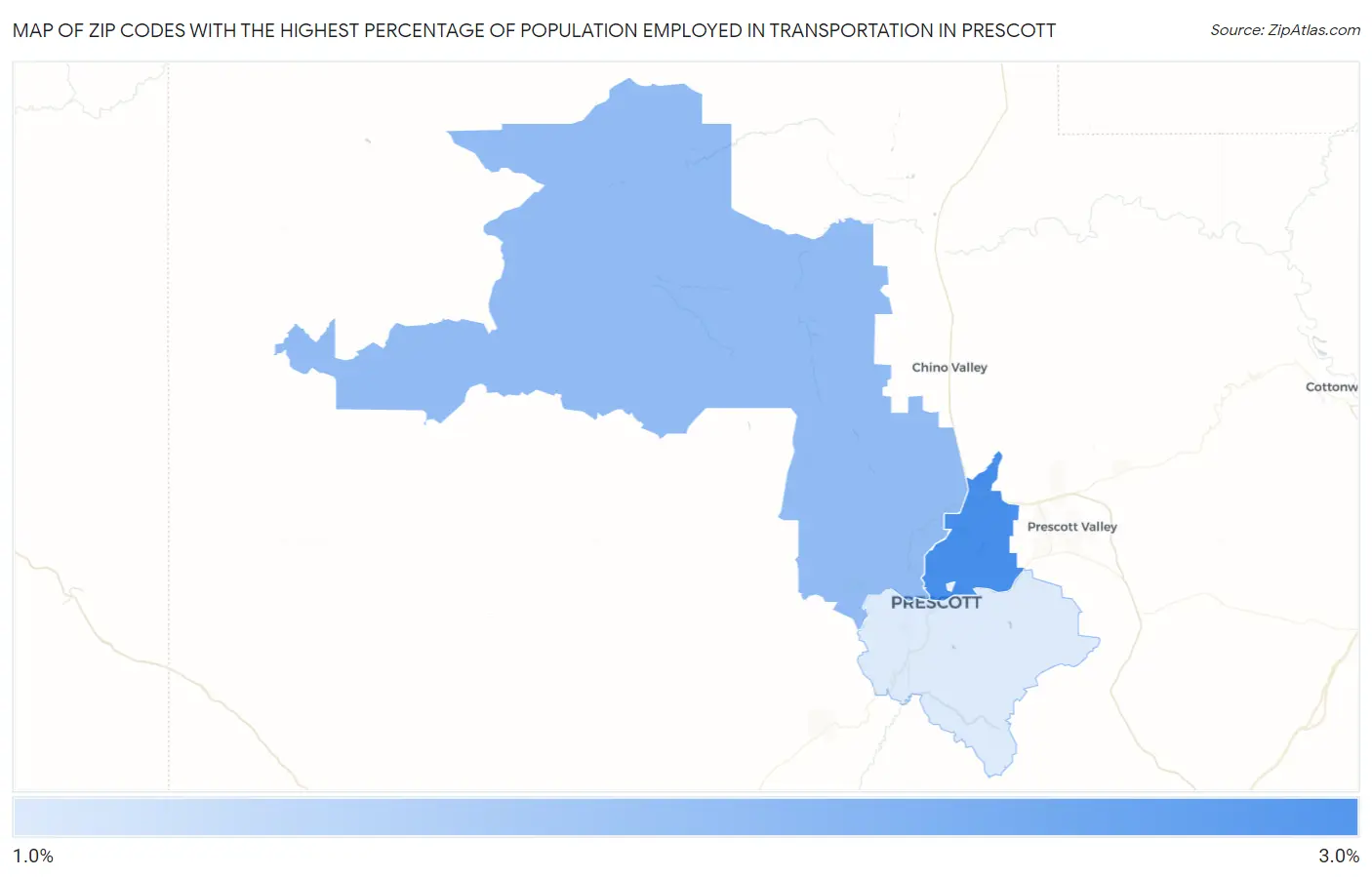 Zip Codes with the Highest Percentage of Population Employed in Transportation in Prescott Map
