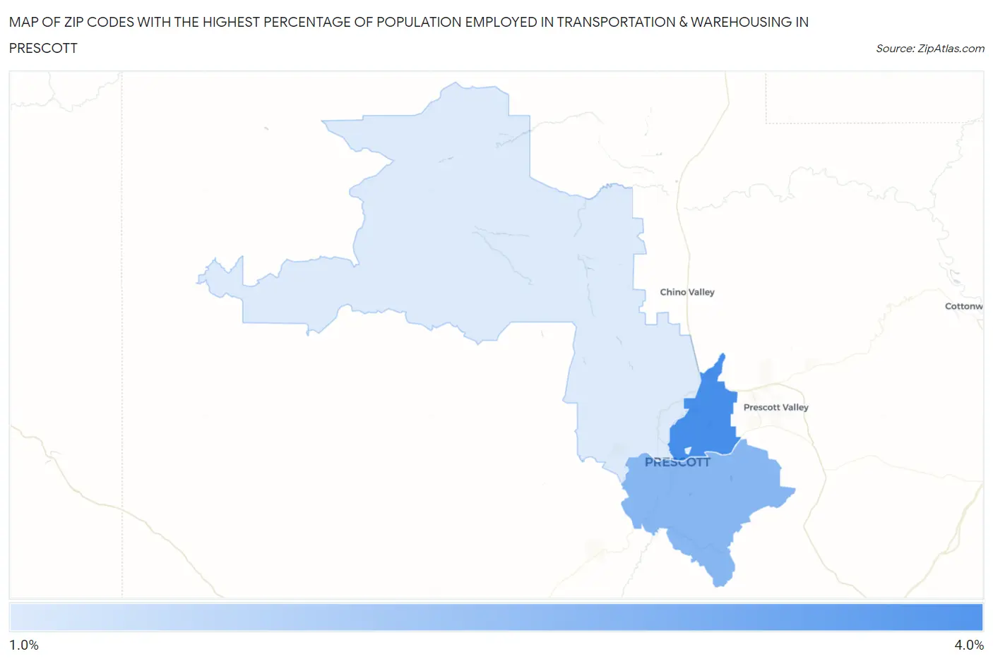Zip Codes with the Highest Percentage of Population Employed in Transportation & Warehousing in Prescott Map