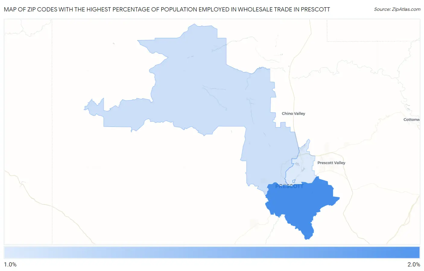 Zip Codes with the Highest Percentage of Population Employed in Wholesale Trade in Prescott Map