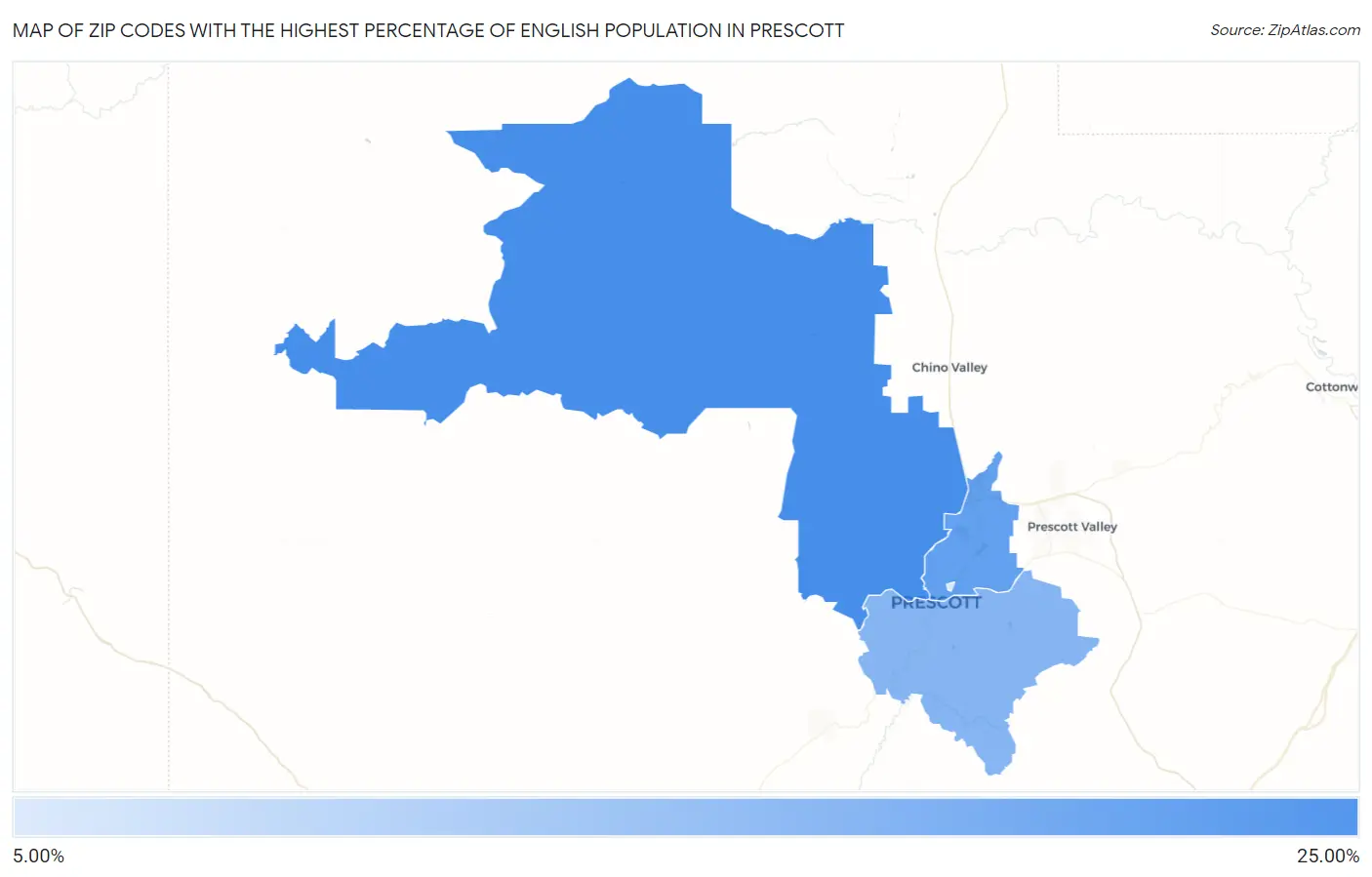 Zip Codes with the Highest Percentage of English Population in Prescott Map