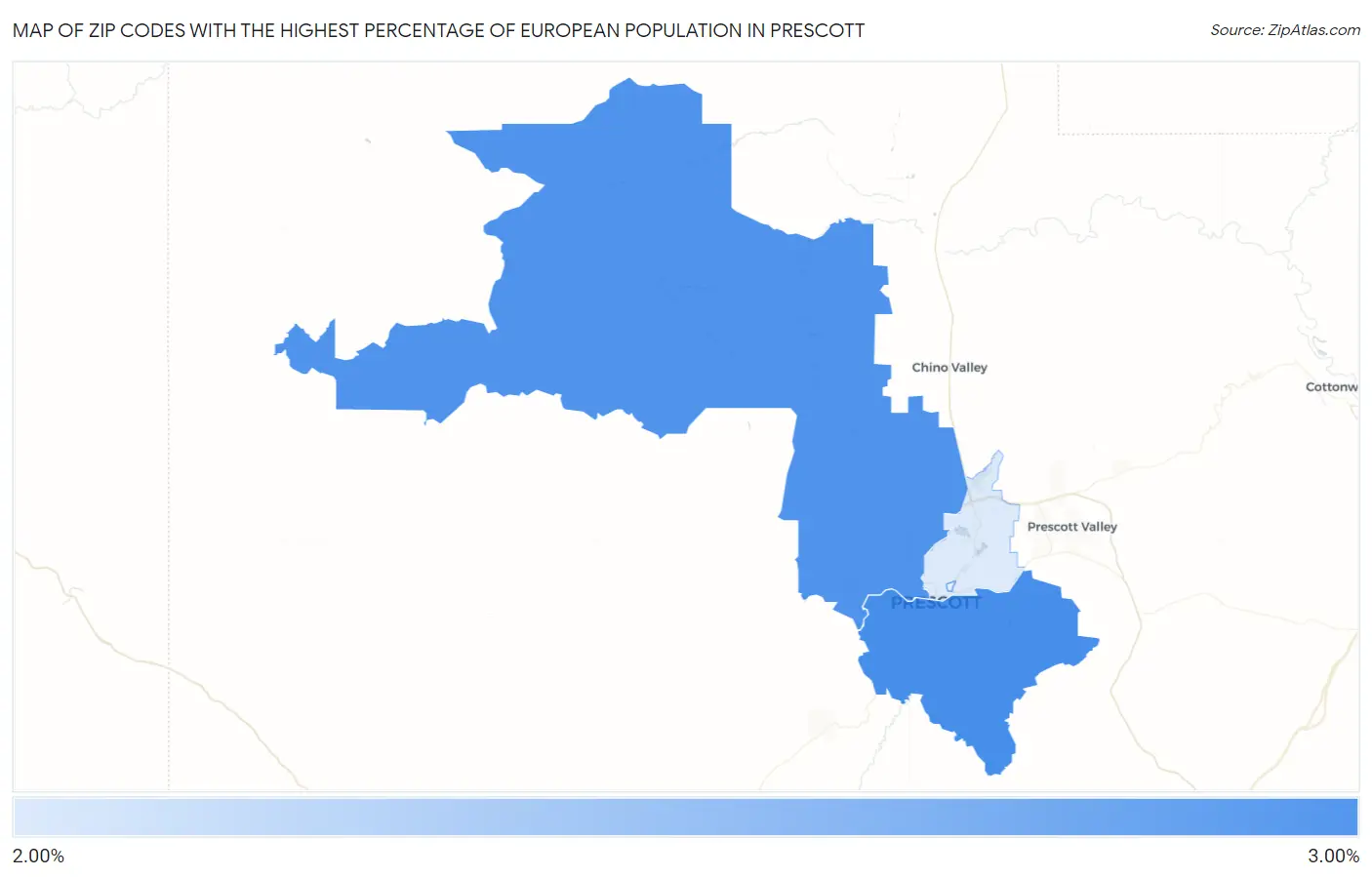 Zip Codes with the Highest Percentage of European Population in Prescott Map