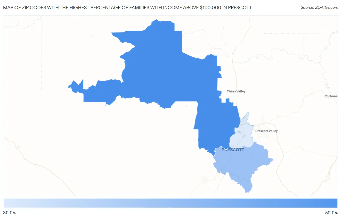 Zip Codes with the Highest Percentage of Families with Income Above $100,000 in Prescott Map