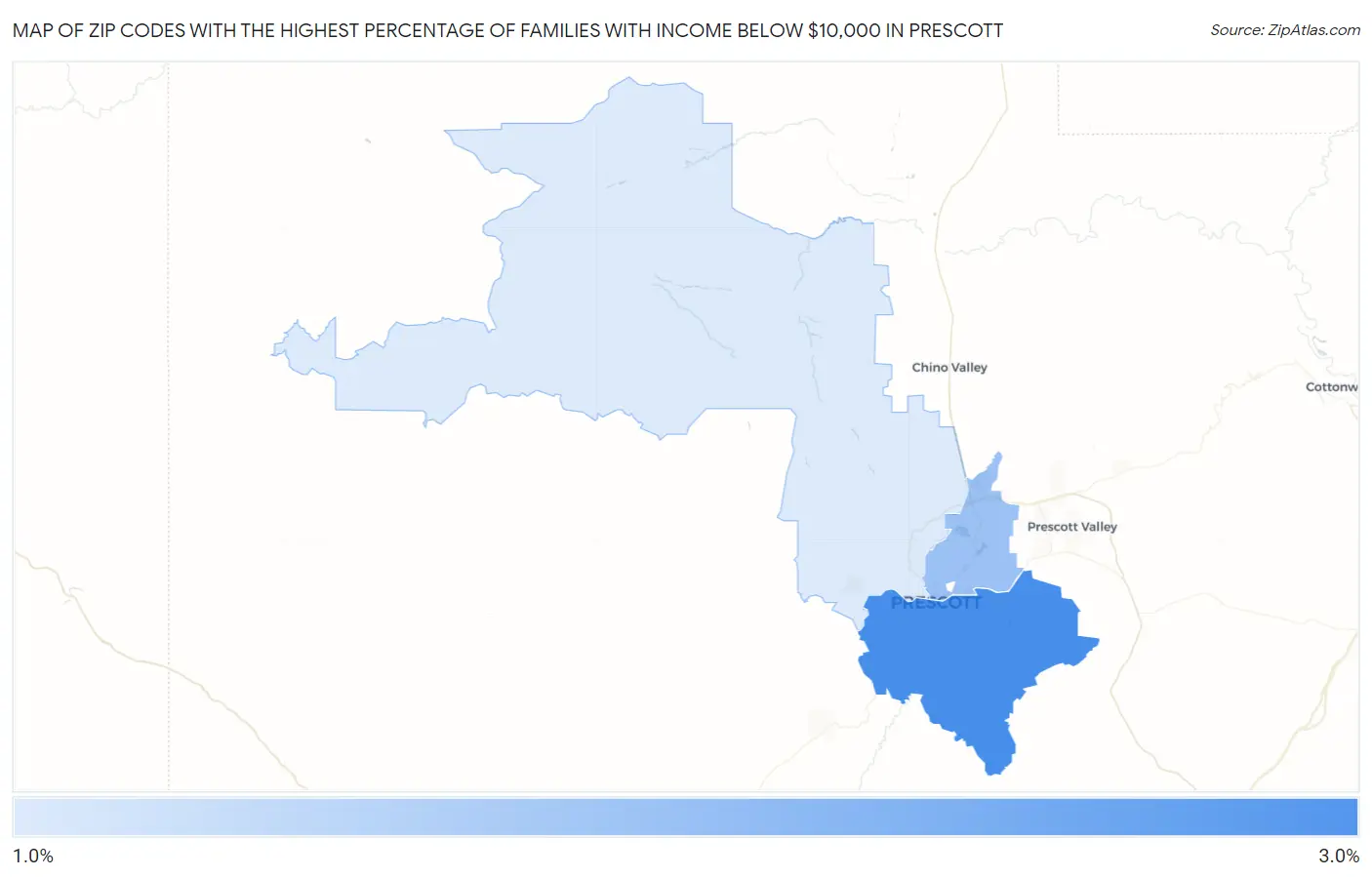 Zip Codes with the Highest Percentage of Families with Income Below $10,000 in Prescott Map