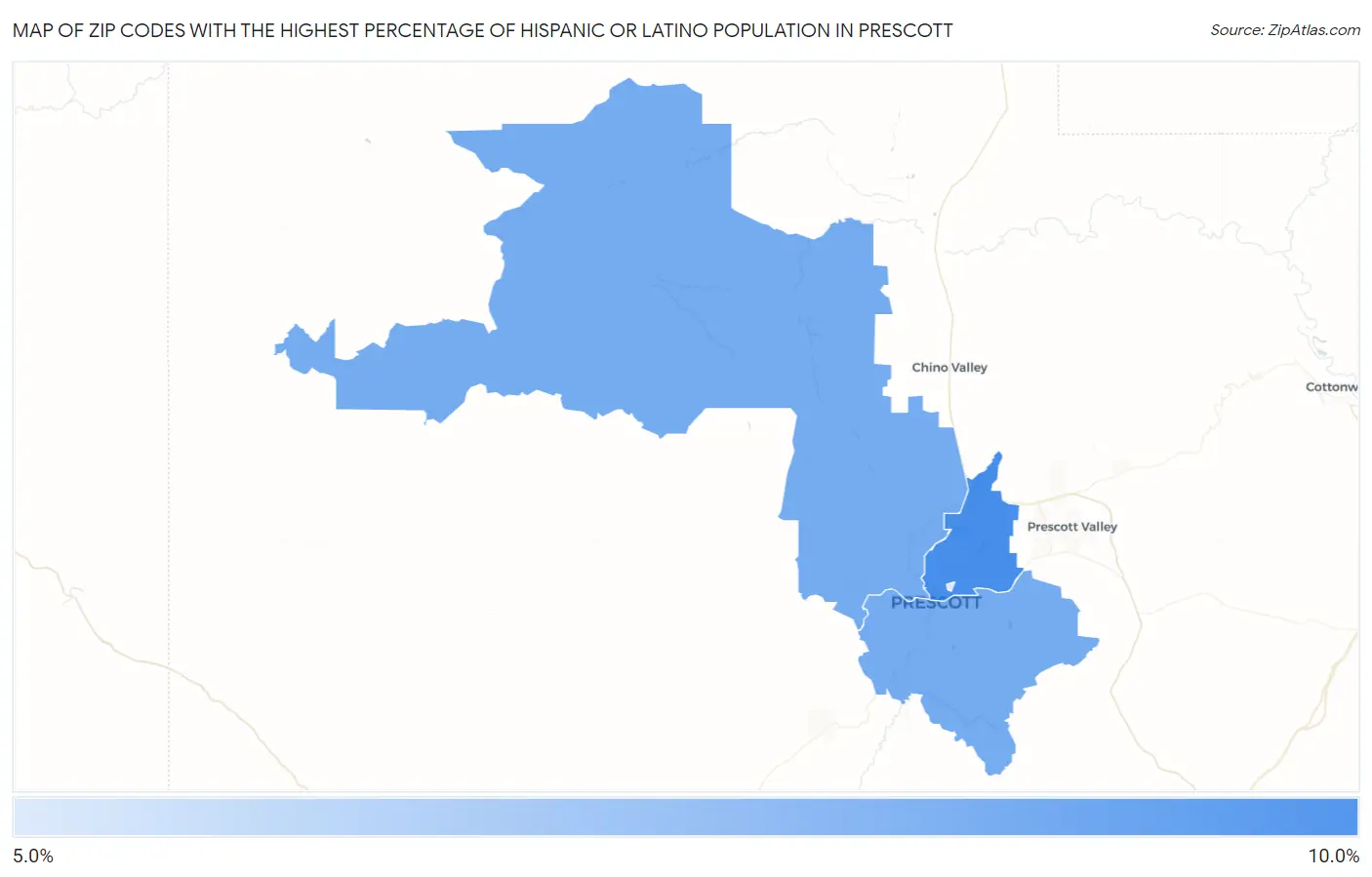 Zip Codes with the Highest Percentage of Hispanic or Latino Population in Prescott Map