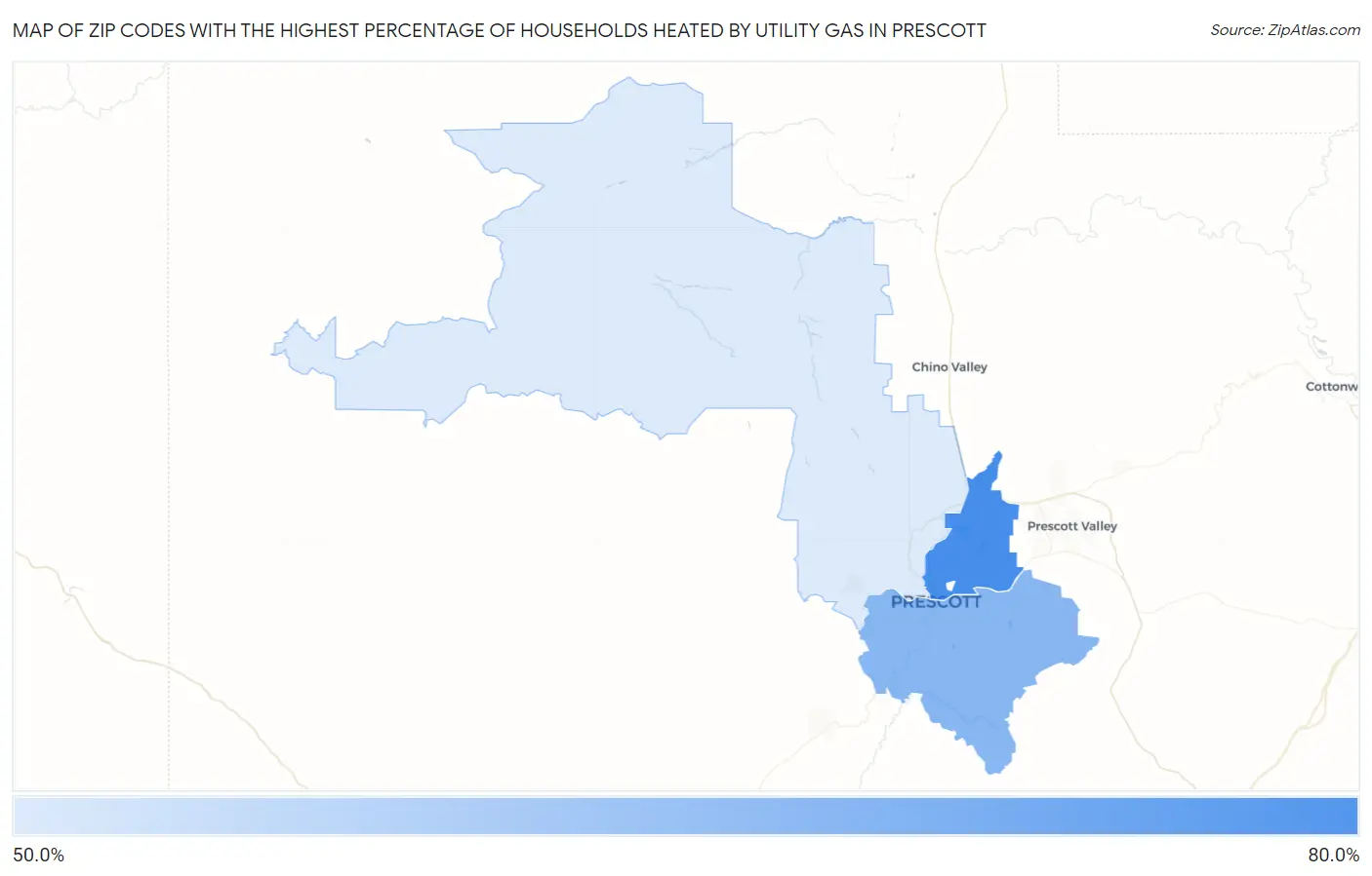 Zip Codes with the Highest Percentage of Households Heated by Utility Gas in Prescott Map