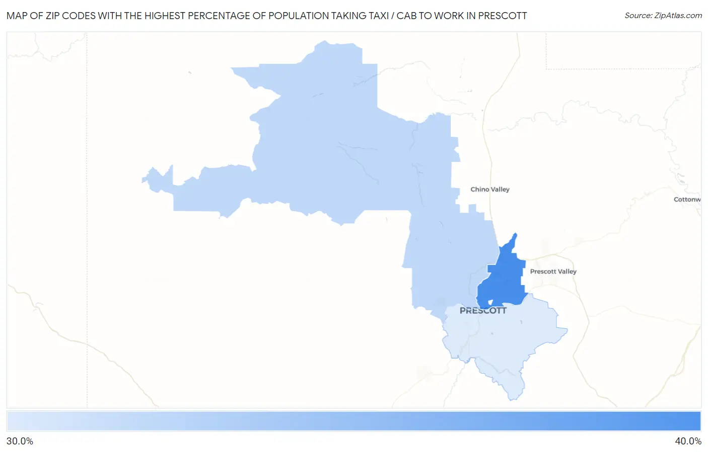 Zip Codes with the Highest Percentage of Population Taking Taxi / Cab to Work in Prescott Map