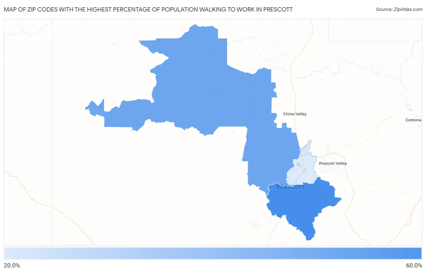Zip Codes with the Highest Percentage of Population Walking to Work in Prescott Map