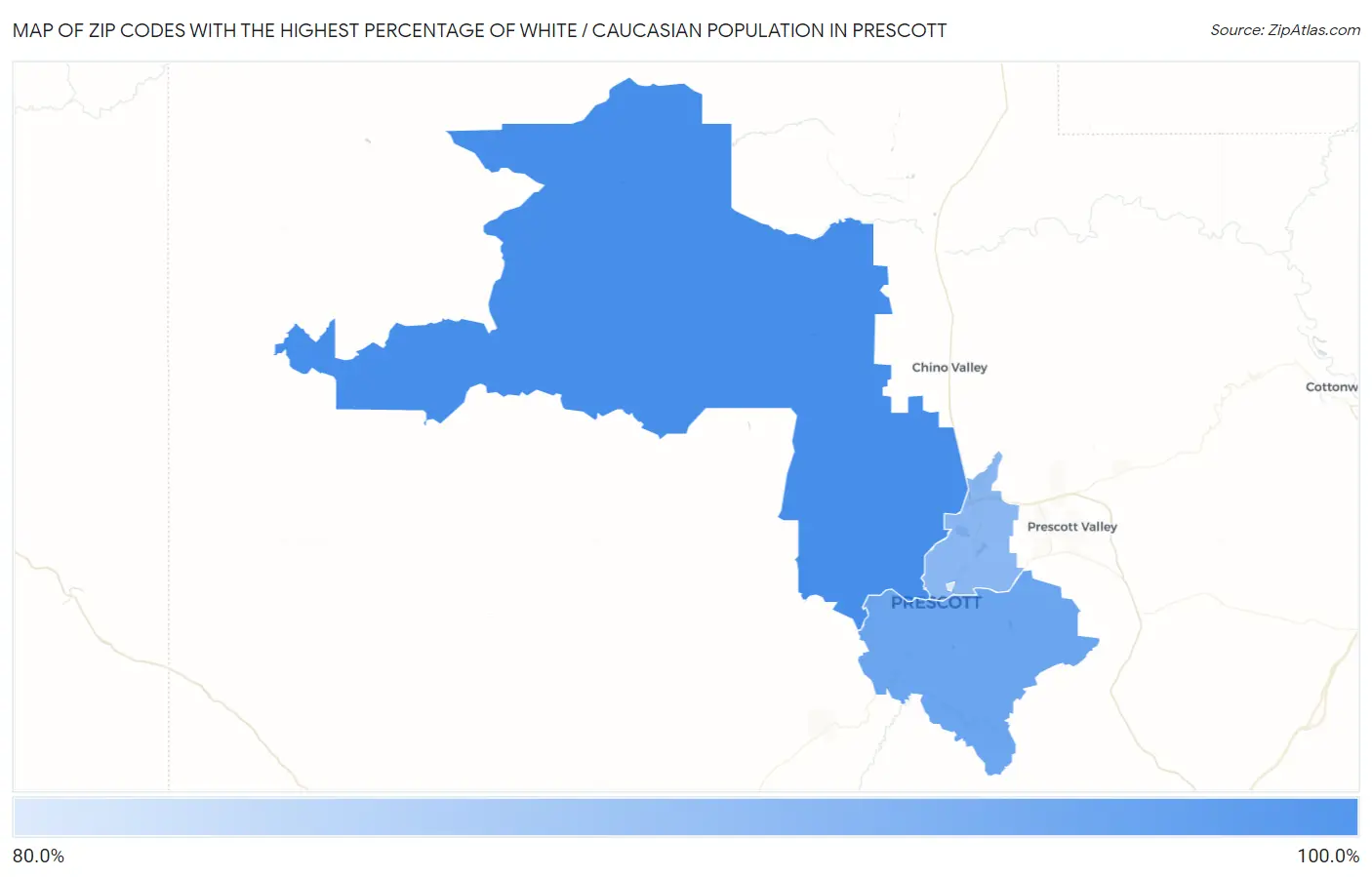 Zip Codes with the Highest Percentage of White / Caucasian Population in Prescott Map