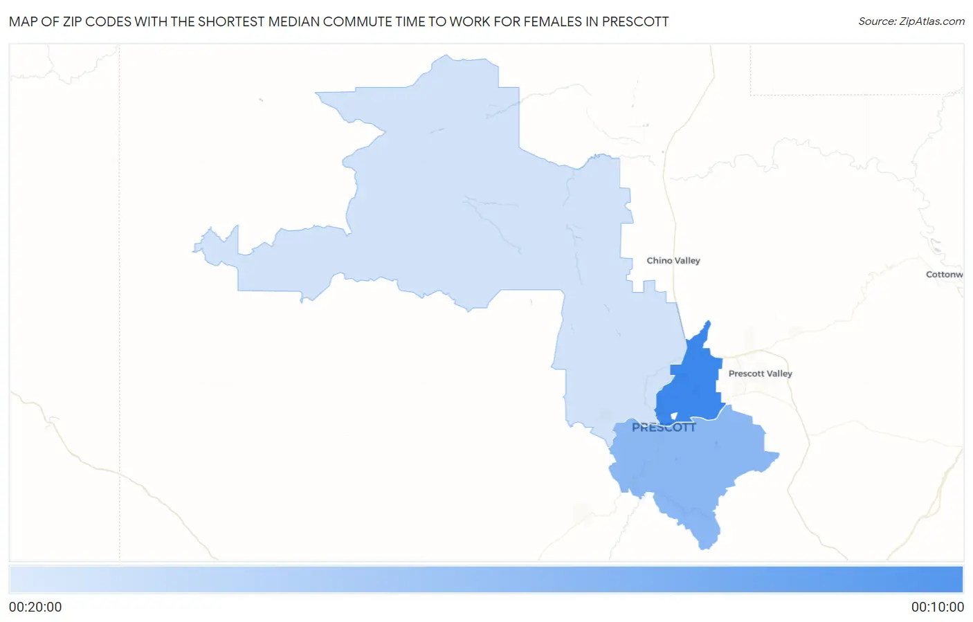 Zip Codes with the Shortest Median Commute Time to Work for Females in Prescott Map