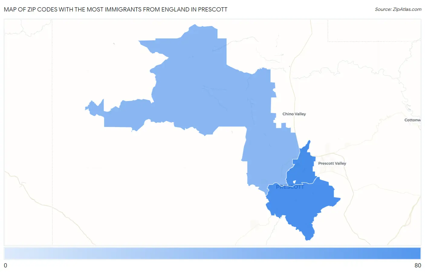 Zip Codes with the Most Immigrants from England in Prescott Map