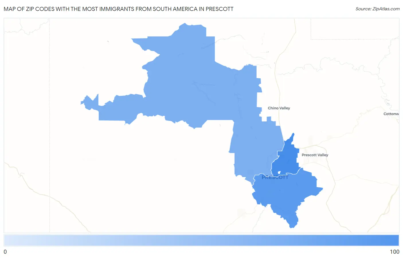 Zip Codes with the Most Immigrants from South America in Prescott Map