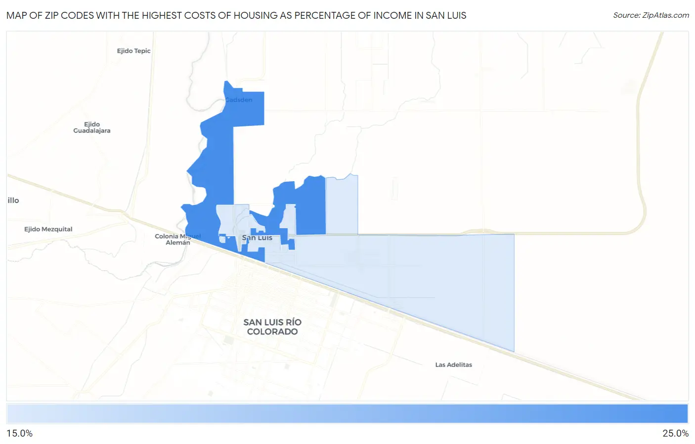 Zip Codes with the Highest Costs of Housing as Percentage of Income in San Luis Map