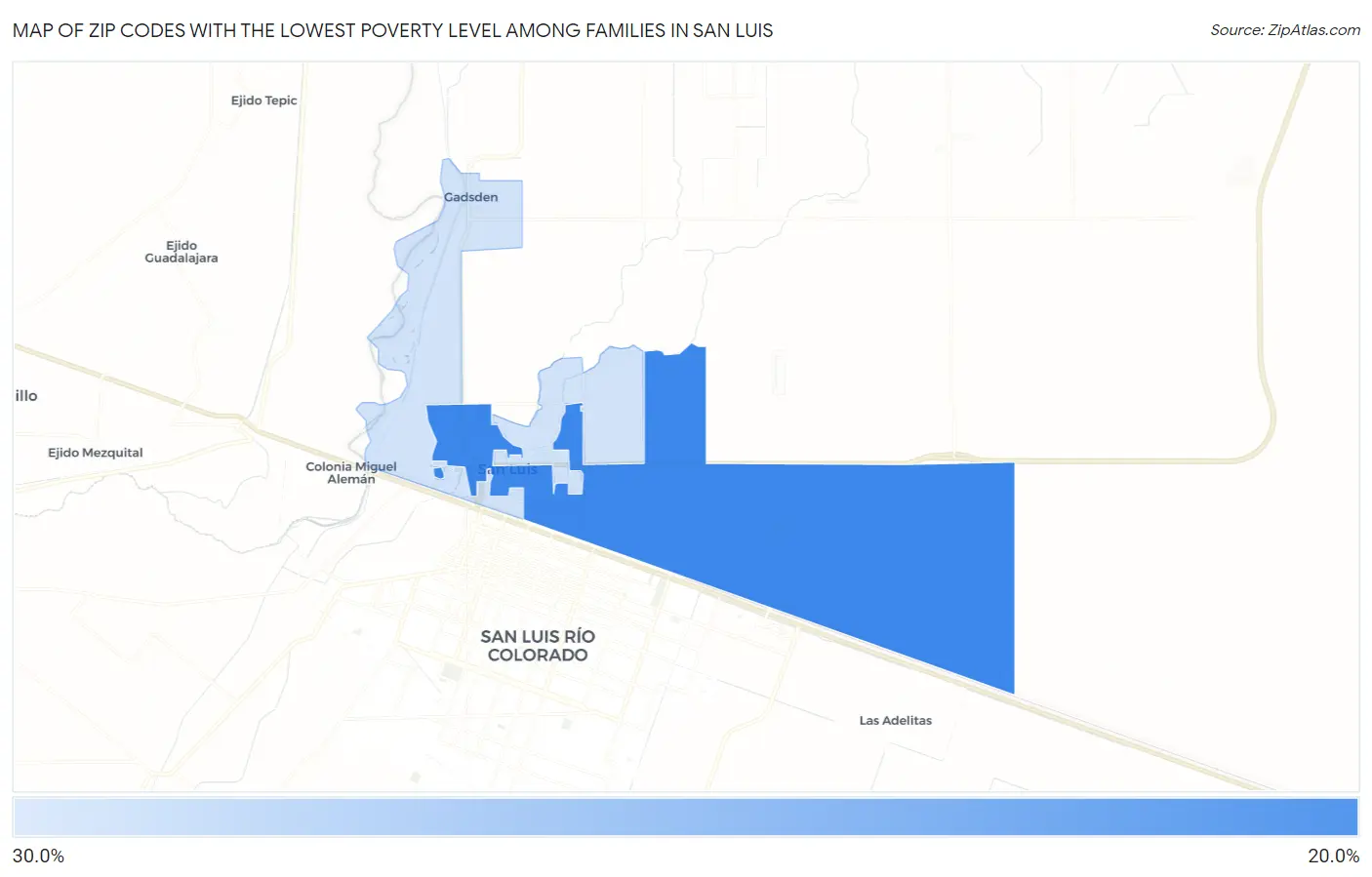 Zip Codes with the Lowest Poverty Level Among Families in San Luis Map