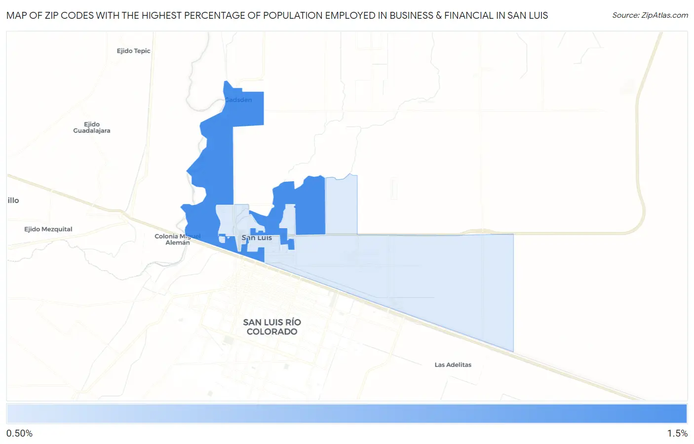 Zip Codes with the Highest Percentage of Population Employed in Business & Financial in San Luis Map