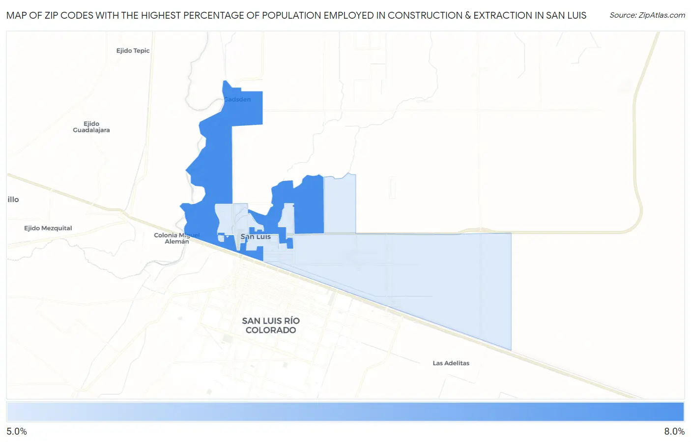 Zip Codes with the Highest Percentage of Population Employed in Construction & Extraction in San Luis Map