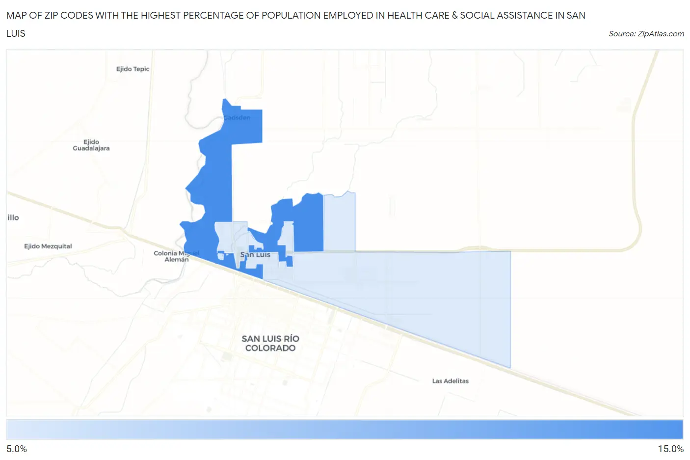 Zip Codes with the Highest Percentage of Population Employed in Health Care & Social Assistance in San Luis Map