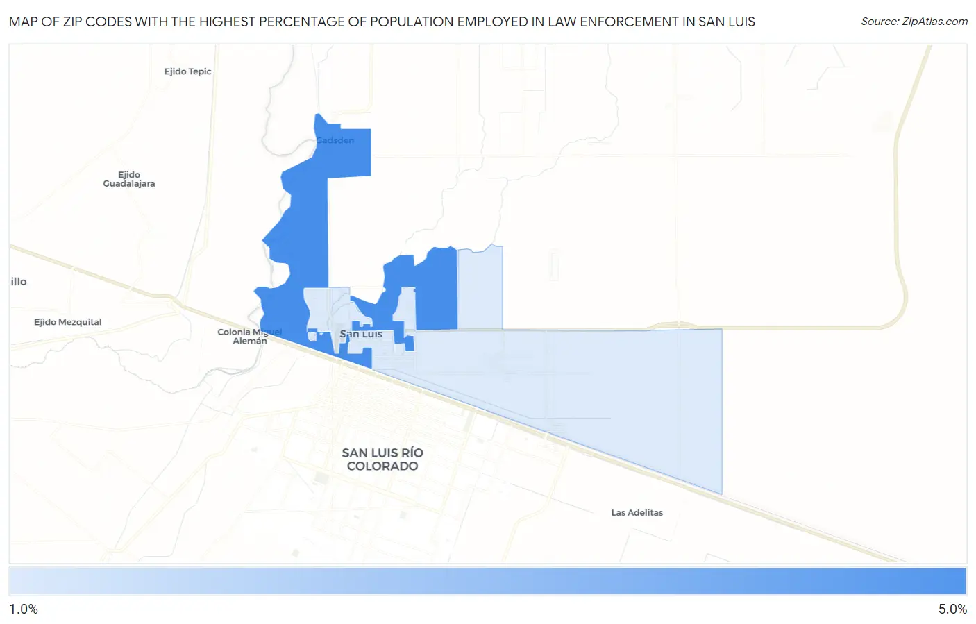 Zip Codes with the Highest Percentage of Population Employed in Law Enforcement in San Luis Map