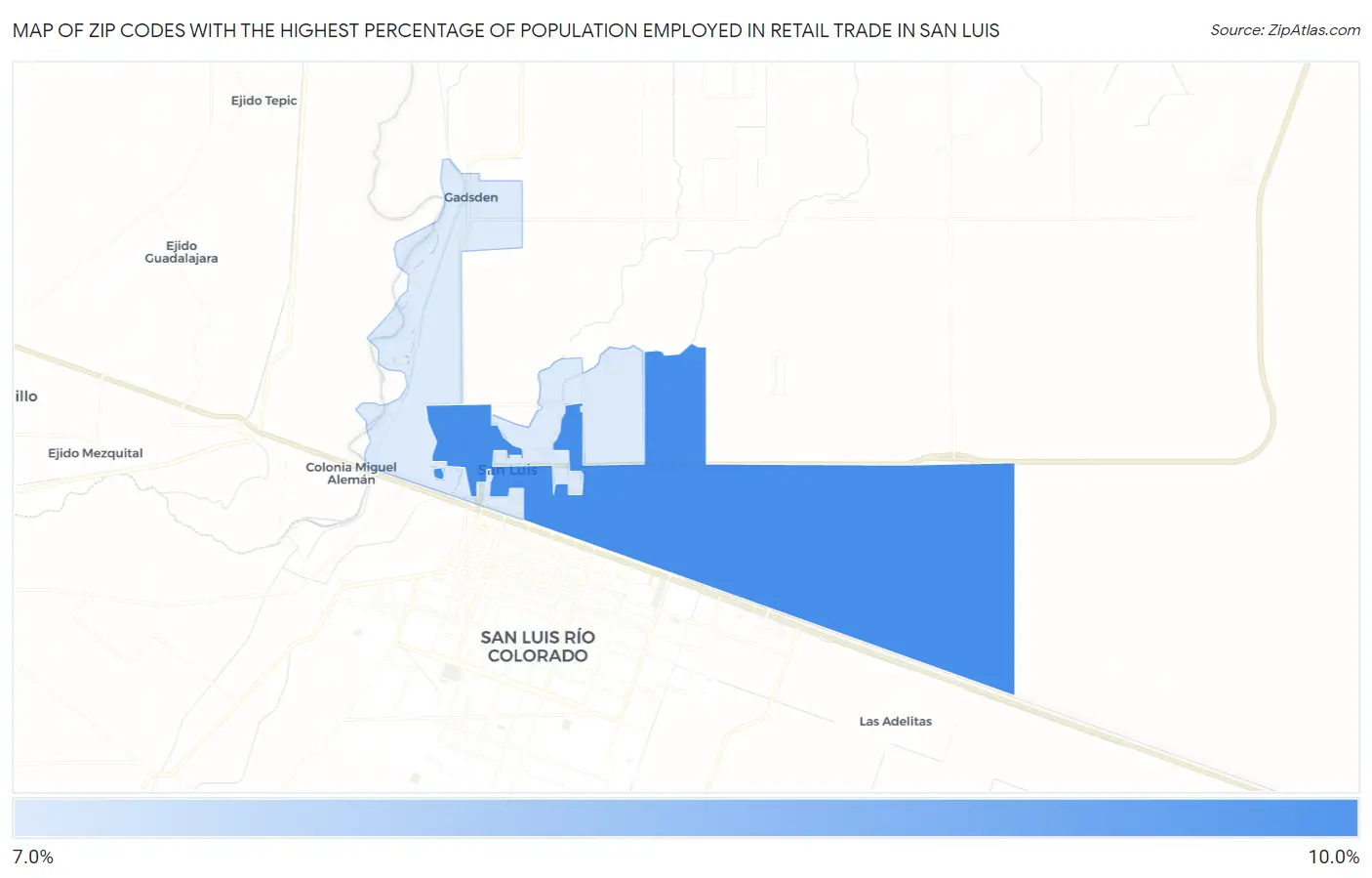 Zip Codes with the Highest Percentage of Population Employed in Retail Trade in San Luis Map