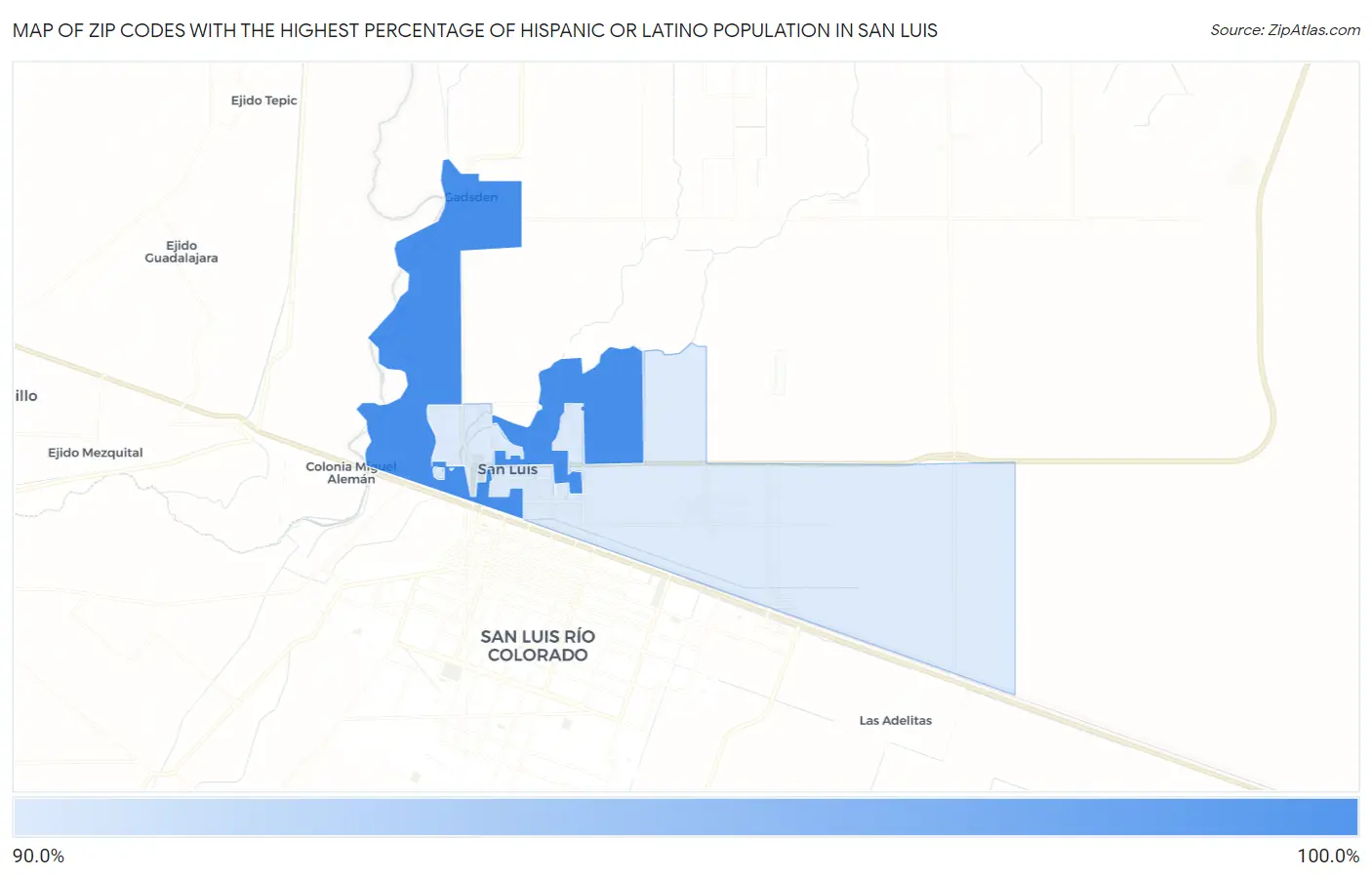 Zip Codes with the Highest Percentage of Hispanic or Latino Population in San Luis Map
