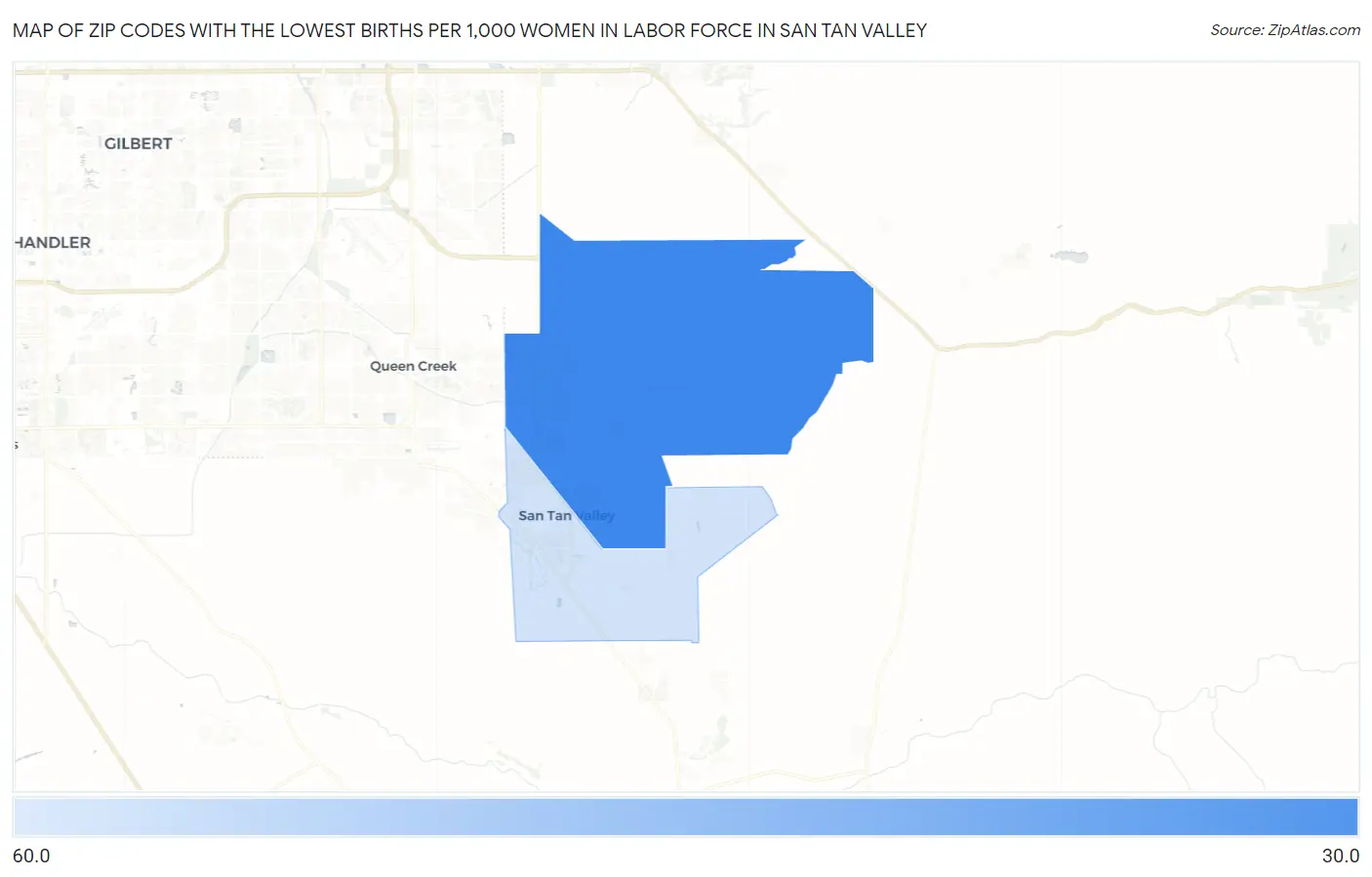 Zip Codes with the Lowest Births per 1,000 Women in Labor Force in San Tan Valley Map