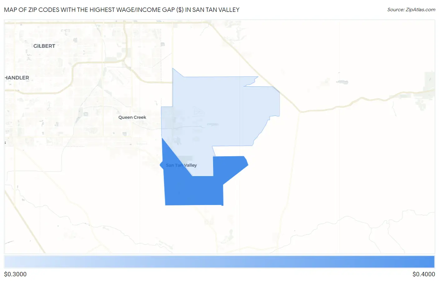 Zip Codes with the Highest Wage/Income Gap ($) in San Tan Valley Map