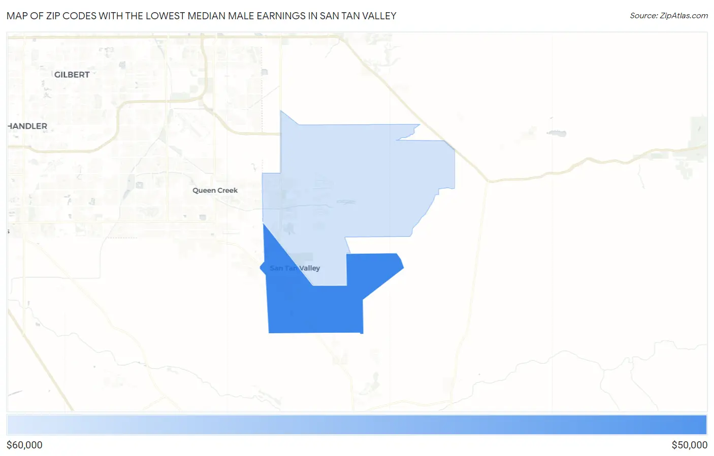 Zip Codes with the Lowest Median Male Earnings in San Tan Valley Map